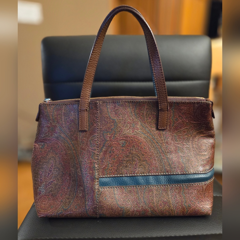 Authentic Etro Paisley Leather Shoulder Bag in Brown with Blue Accents